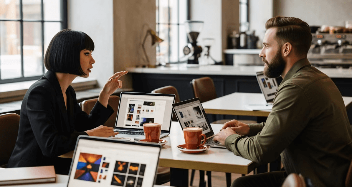 Two people discussing work across several computers