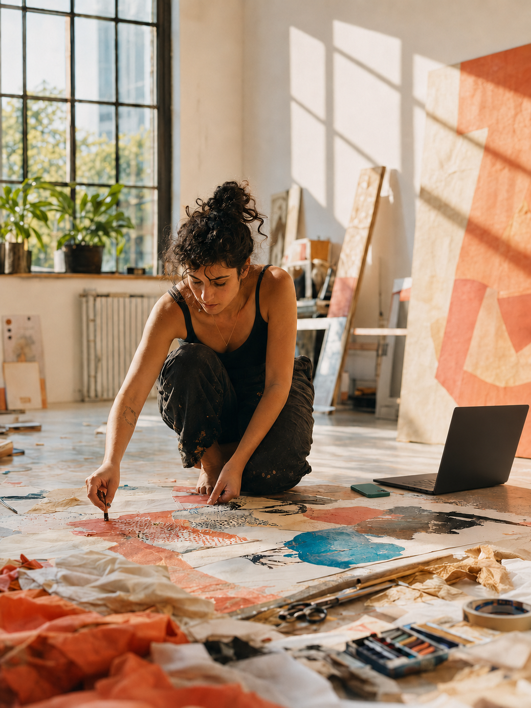 An artist painting a large textile in a sunlit studio