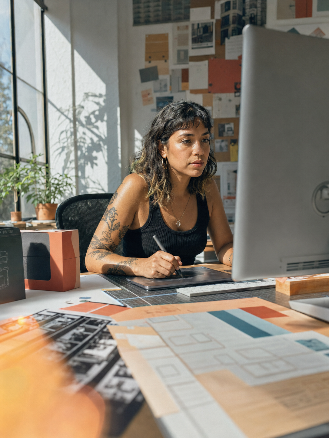 A designer working with a drawing tablet at her desk in a sunlit studio
