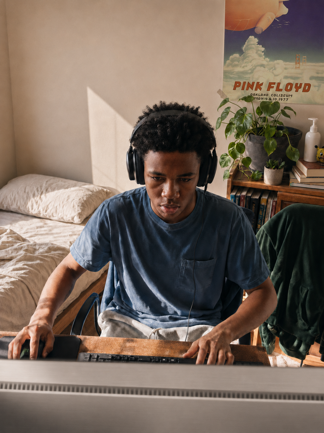 A focused gamer wearing headphones at a computer in a sunlit bedroom