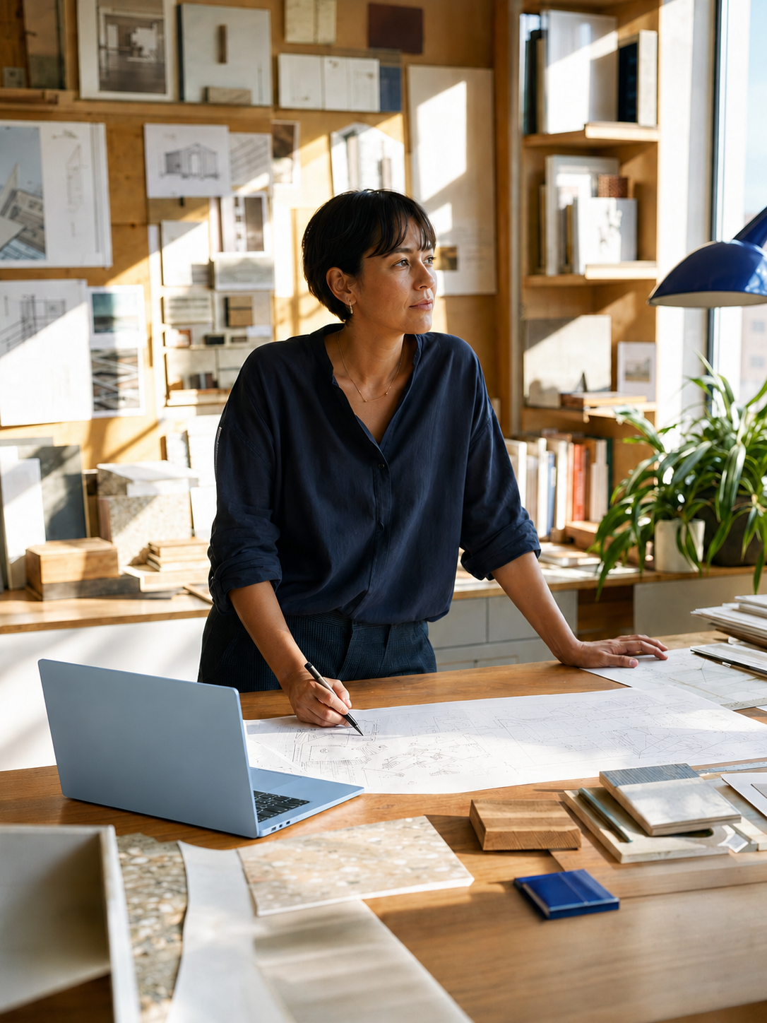 An architect reviewing plans beside her laptop in a sunlit studio