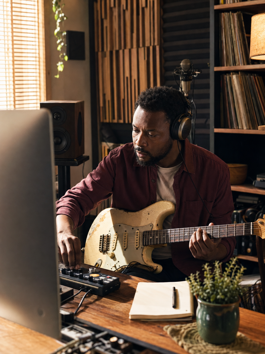 A musician producing audio with a guitar and studio equipment in a warm home studio