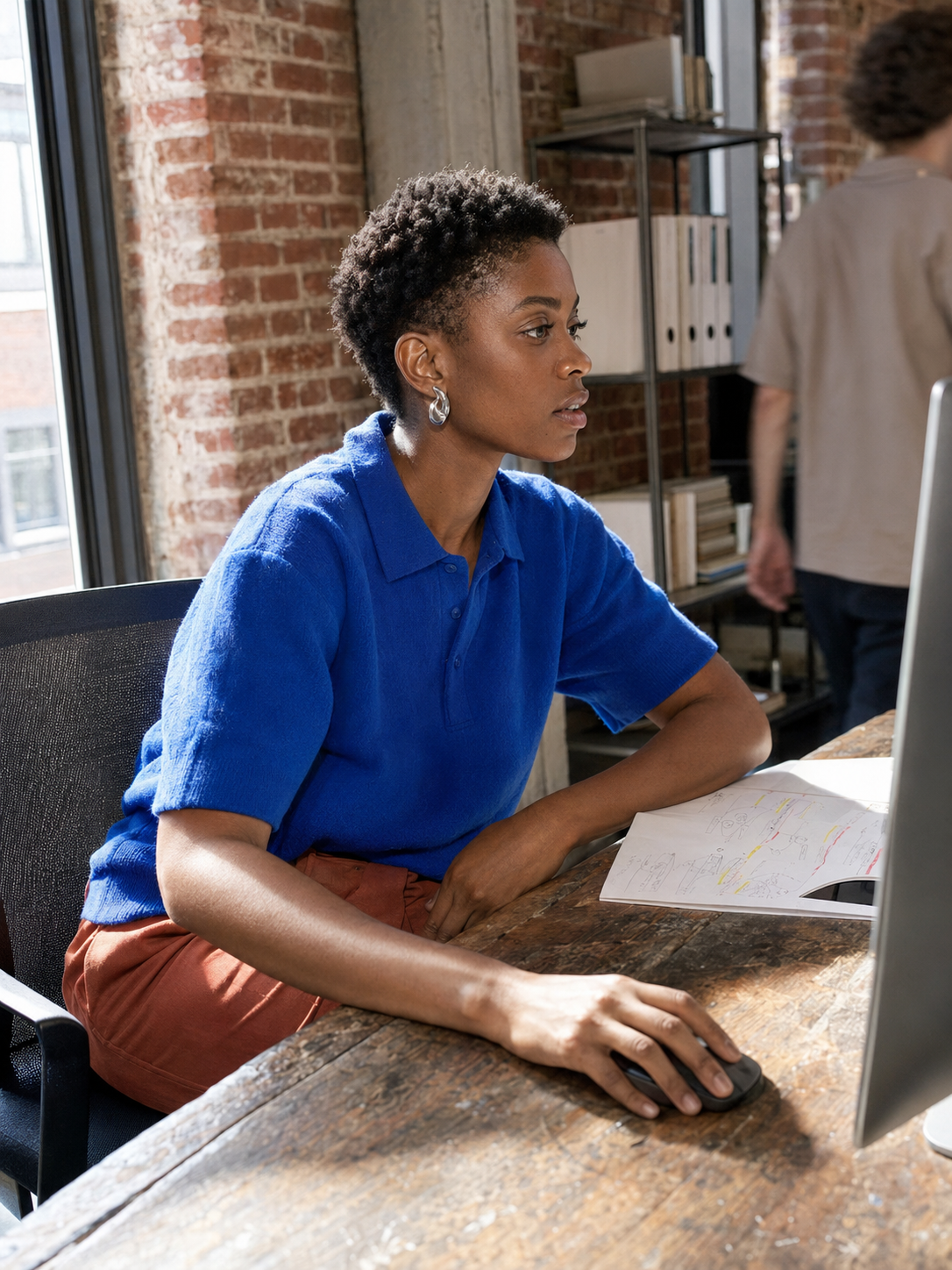 A professional working at a desktop computer in a bright brick-walled office